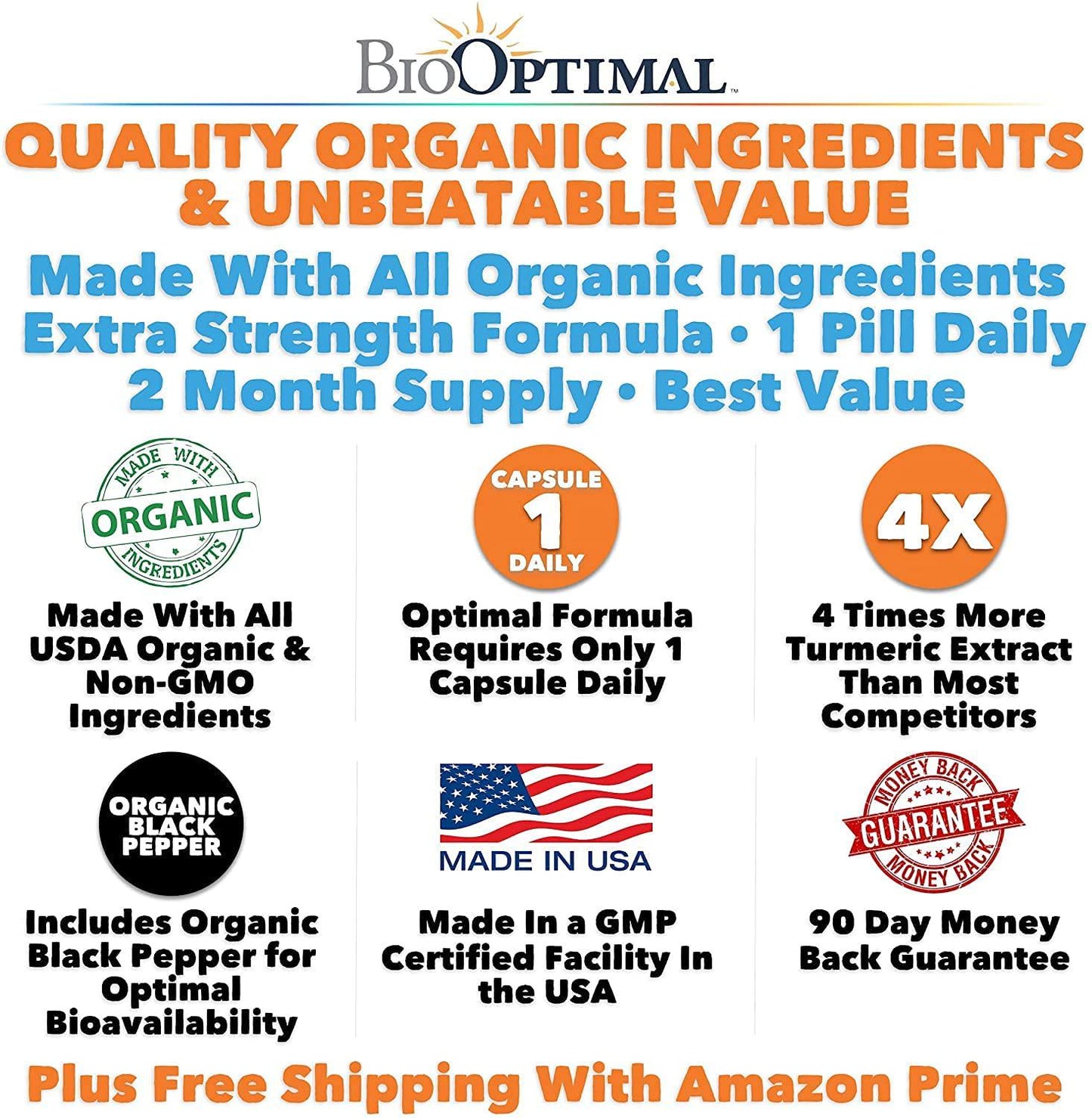 BioOptimal Organic Turmeric Capsules, 2 Month Supply, Turmeric Curcumin Supplement, Organic Turmeric with Black Pepper, Non-GMO, Extra Strength, Joint Pain Relief, 1 Daily, 60 Turmeric Pills