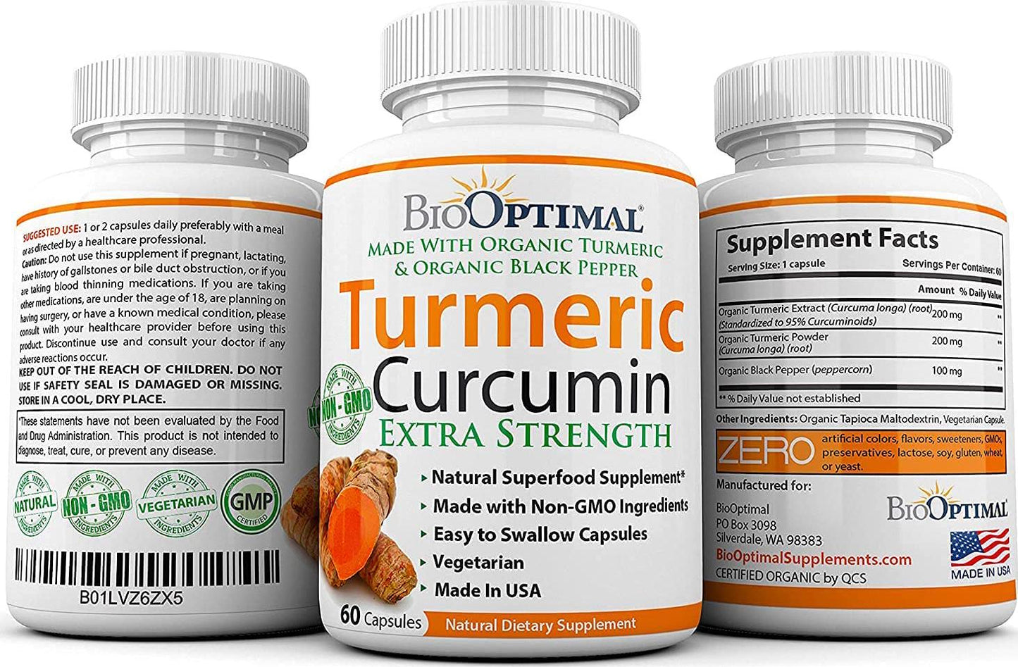 BioOptimal Organic Turmeric Capsules, 2 Month Supply, Turmeric Curcumin Supplement, Organic Turmeric with Black Pepper, Non-GMO, Extra Strength, Joint Pain Relief, 1 Daily, 60 Turmeric Pills