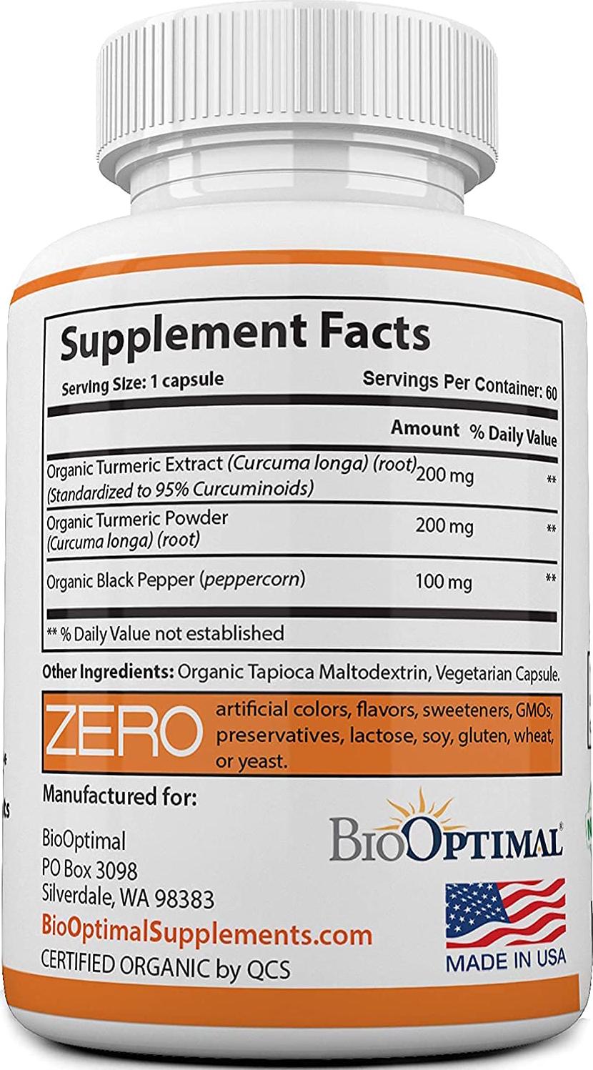 BioOptimal Organic Turmeric Capsules, 2 Month Supply, Turmeric Curcumin Supplement, Organic Turmeric with Black Pepper, Non-GMO, Extra Strength, Joint Pain Relief, 1 Daily, 60 Turmeric Pills