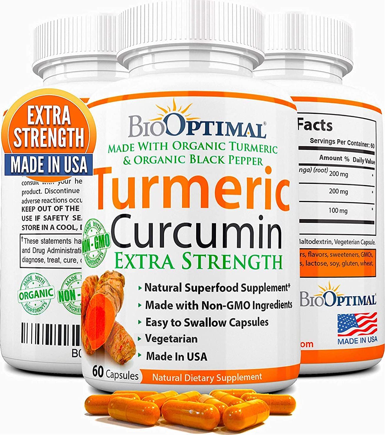BioOptimal Organic Turmeric Capsules, 2 Month Supply, Turmeric Curcumin Supplement, Organic Turmeric with Black Pepper, Non-GMO, Extra Strength, Joint Pain Relief, 1 Daily, 60 Turmeric Pills