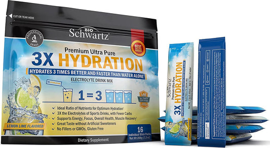 BioSchwartz 3X Hydration Multiplier Packets Convenient Single-Serving Stick No Artificial Sweeteners or Flavors, Low Carb, Low Calorie Electrolyte Powder - Lemon Lime Flavor - 16 Packets