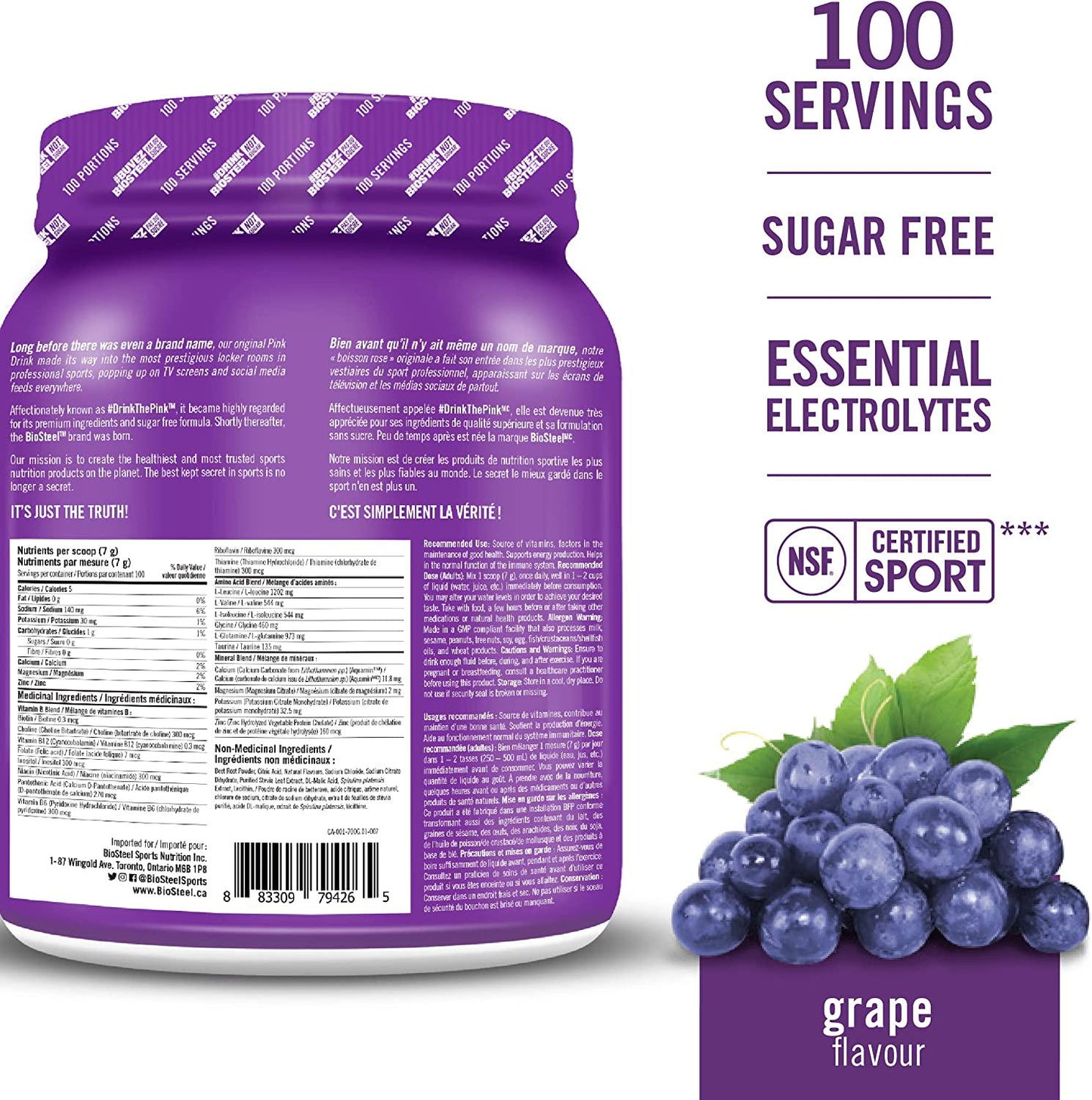 BioSteel Hydration Mix, Sugar-Free with Essential Electrolytes, Grape, 100 Servings