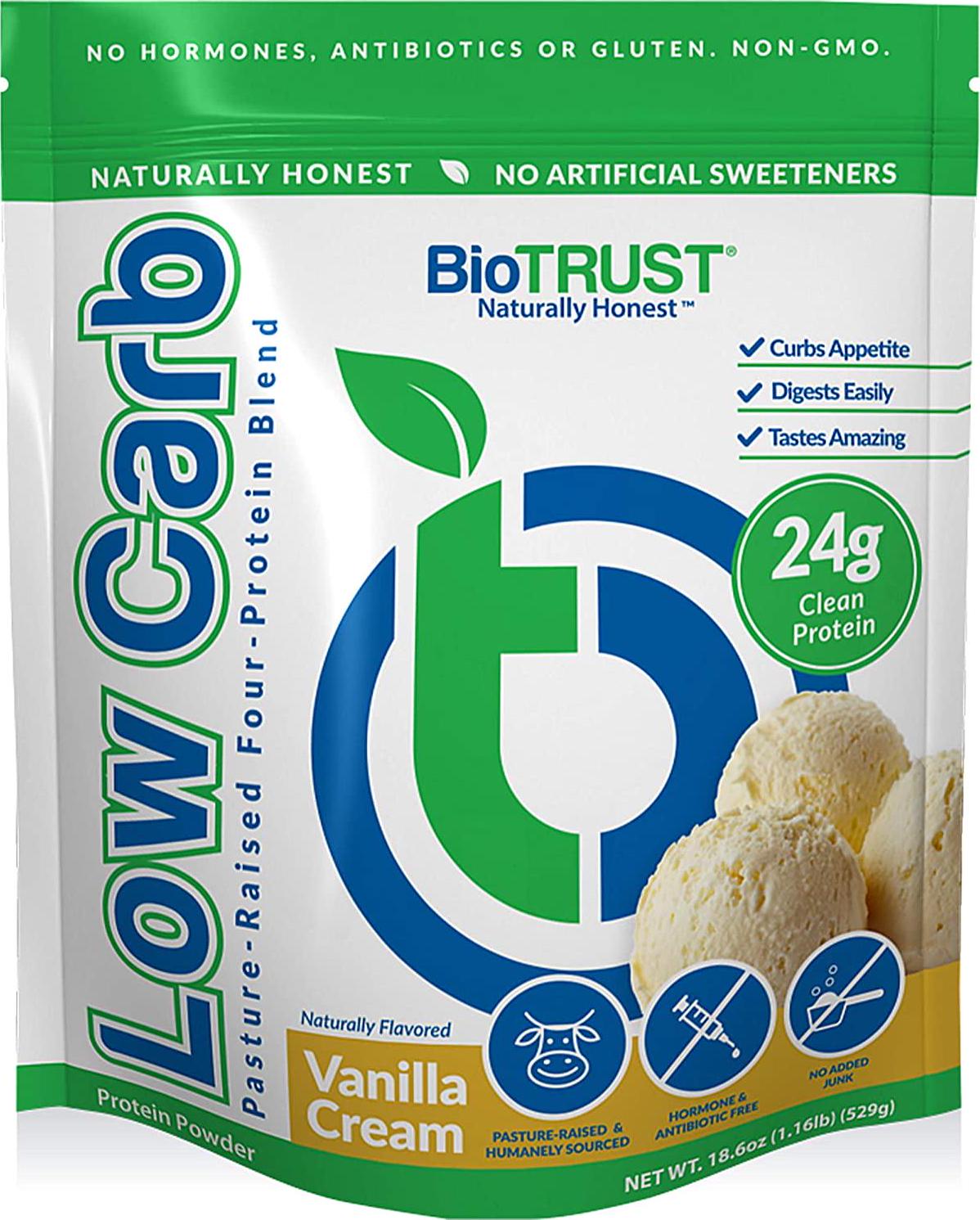 BioTrust Low Carb Natural and Delicious Protein Powder Whey and Casein Blend from Grass-Fed Hormone Free Cows, Non GMO, Soy Free, Gluten Free, Hormone and Antibiotic Free (6 Flavors) (Vanilla)