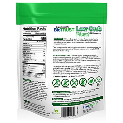 BioTrust Low Carb Plant, 20 Grams of Plant-Based Protein, 5 Grams Fiber, 15 Superfoods, Digestive Enzymes, Vegan, Dairy-Free, Non-GMO, Gluten and Soy-Free, 14 Servings (Vanilla Caramel)