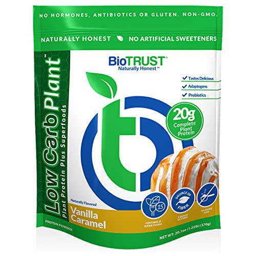 BioTrust Low Carb Plant, 20 Grams of Plant-Based Protein, 5 Grams Fiber, 15 Superfoods, Digestive Enzymes, Vegan, Dairy-Free, Non-GMO, Gluten and Soy-Free, 14 Servings (Vanilla Caramel)