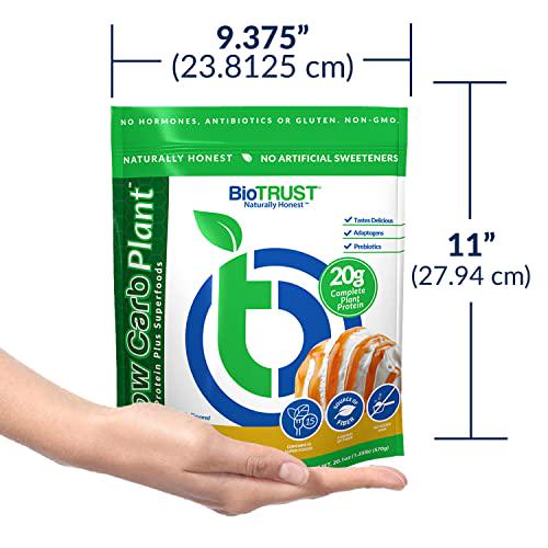 BioTrust Low Carb Plant, 20 Grams of Plant-Based Protein, 5 Grams Fiber, 15 Superfoods, Digestive Enzymes, Vegan, Dairy-Free, Non-GMO, Gluten and Soy-Free, 14 Servings (Vanilla Caramel)