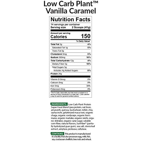 BioTrust Low Carb Plant, 20 Grams of Plant-Based Protein, 5 Grams Fiber, 15 Superfoods, Digestive Enzymes, Vegan, Dairy-Free, Non-GMO, Gluten and Soy-Free, 14 Servings (Vanilla Caramel)