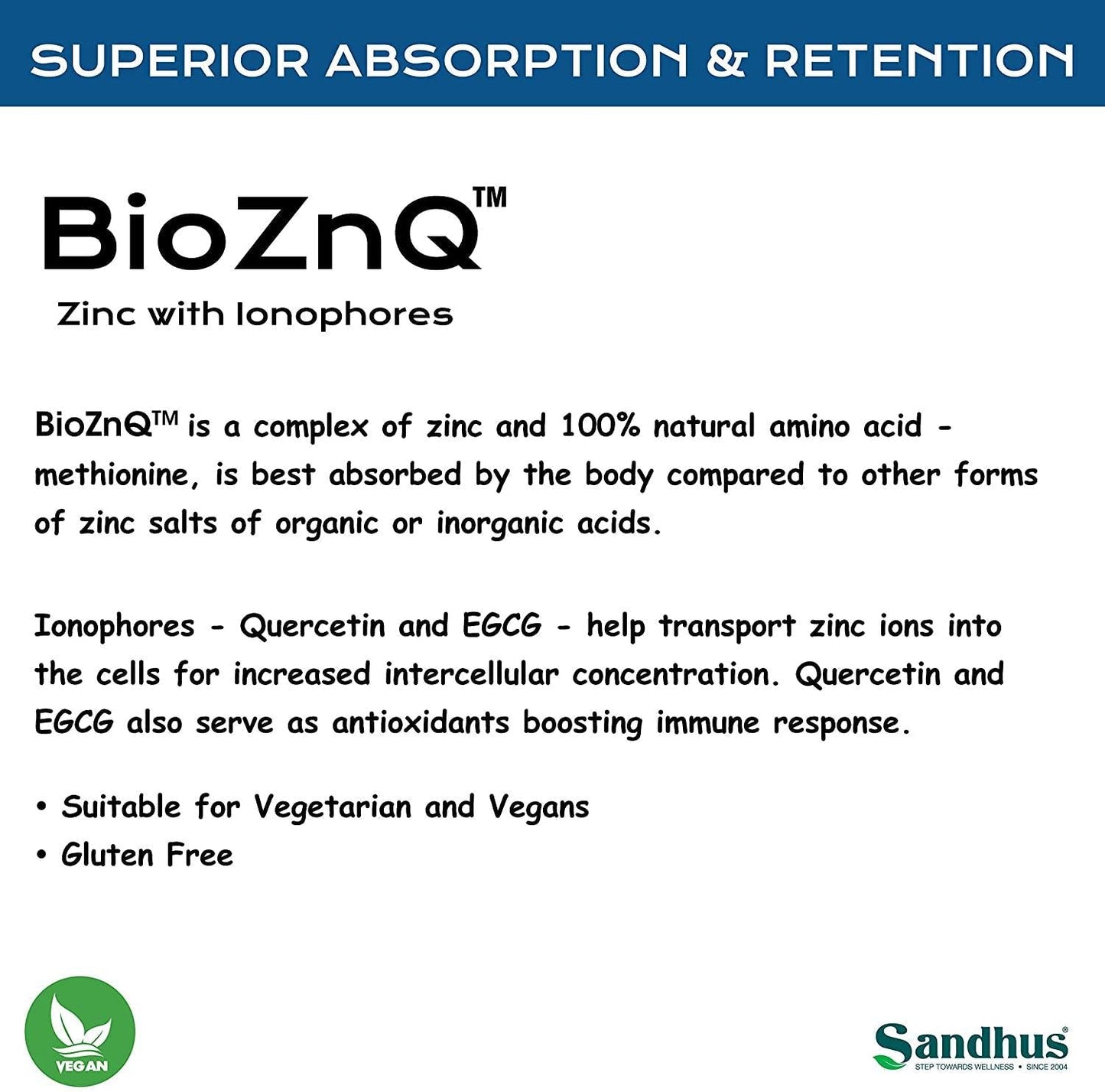 BioZnQ Zinc + Quercetin with Ionophores for Immune Protection Highly Absorbable Bioavailable Zinc Supplements,Gluten Free Zinc Supplement for Healthy Aging 60 Vegetarian Capsules