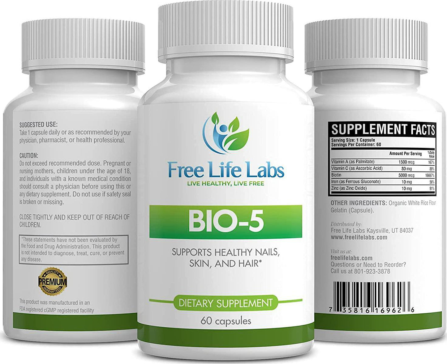 Bio-5 Nail, Skin, and Hair Supplement - 5000mcg Biotin, Zinc, Iron, Vitamin C, Vitamin A - 60 Day Supply