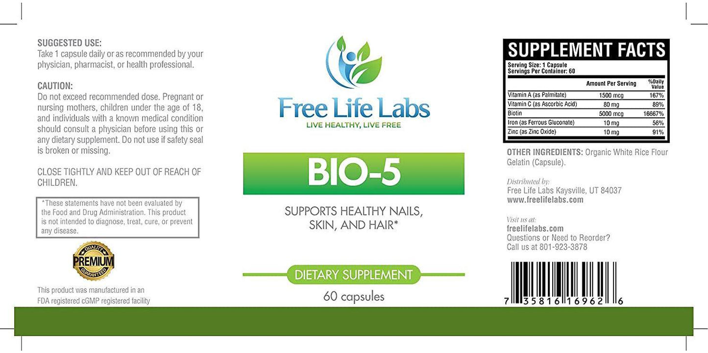 Bio-5 Nail, Skin, and Hair Supplement - 5000mcg Biotin, Zinc, Iron, Vitamin C, Vitamin A - 60 Day Supply