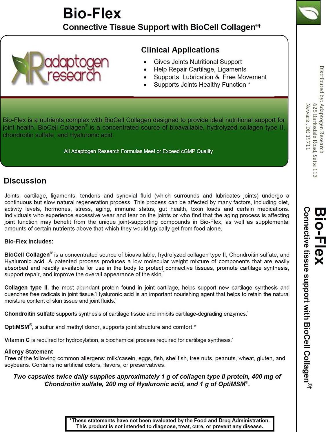 Bio-Flex with Chondroitin Sulfate, Hyaluronic Acid, MSM as OptiMSM, BioCell Collagen, Collagen Type II | Joint Health Bioavailable Complex | 120 Vegetarian Capsules |Adaptogen Research