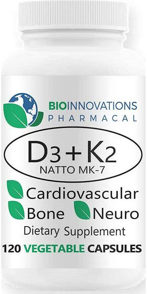 Bio-Innovations Pharmacal D3+K2 10,000IU D3 Cholecalciferol 100mcg, MK7 Nattokinase Bone, Neuromuscular, Cardiovascular and Immune Support, Promotes Calcium Homeostasis, Allergen Free 120 Capsules