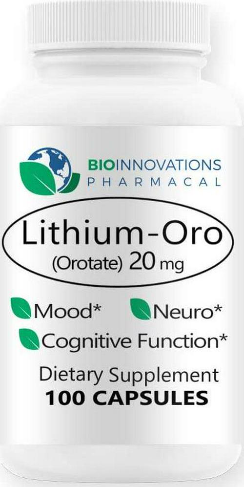 Bio-Innovations Pharmacal - Lithium Oro 20 mg, Supports Healthy Mood Emotional Wellness, Behavior, and Memory. Bioavailable, 100 Caps (Elemental Lithium Orotate)