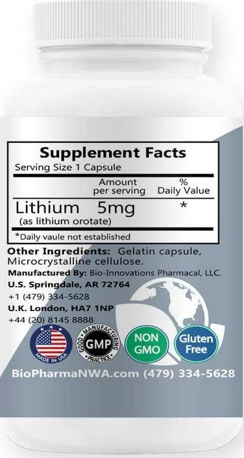 Bio-Innovations Pharmacal - Lithium Oro 5 mg, Supports Healthy Mood Emotional Wellness, Behavior, and Memory. Bioavailable, 100 Caps (Elemental Lithium Orotate)