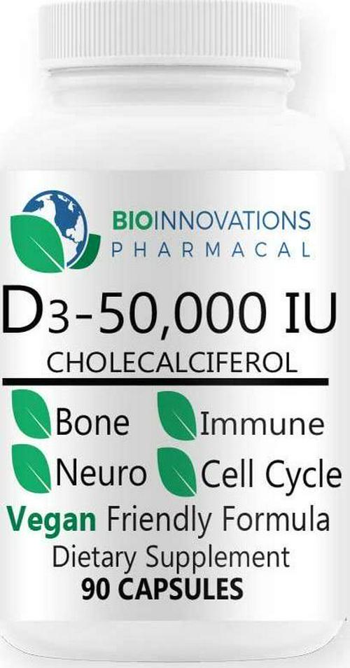 Bio-Innovations Pharmacal Vitamin D3-50,000 IU - 90 Vegetable Capsules - Helps Maintain Healthy Bones and Teeth - Immune System Support