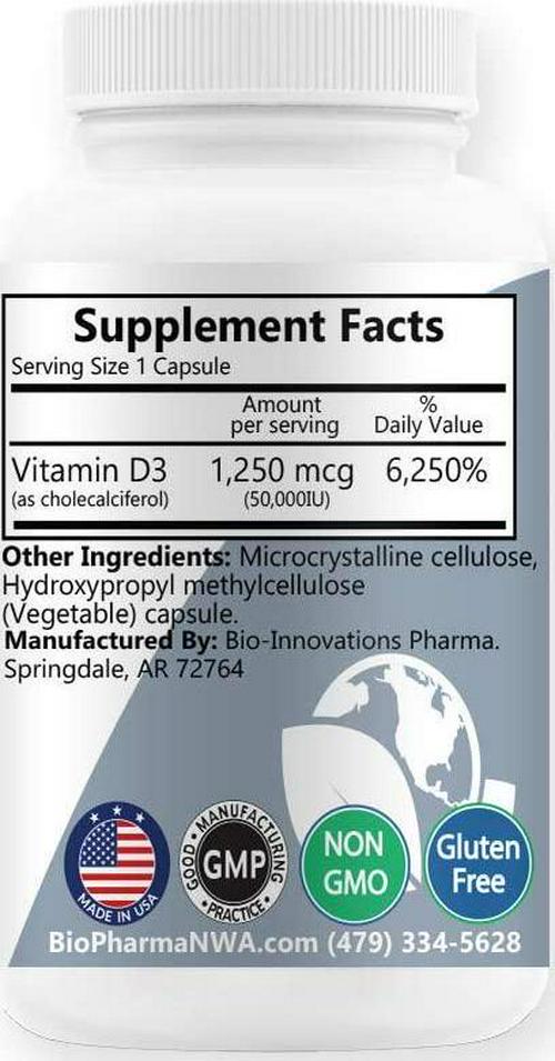 Bio-Innovations Pharmacal Vitamin D3-50,000 IU - 90 Vegetable Capsules - Helps Maintain Healthy Bones and Teeth - Immune System Support