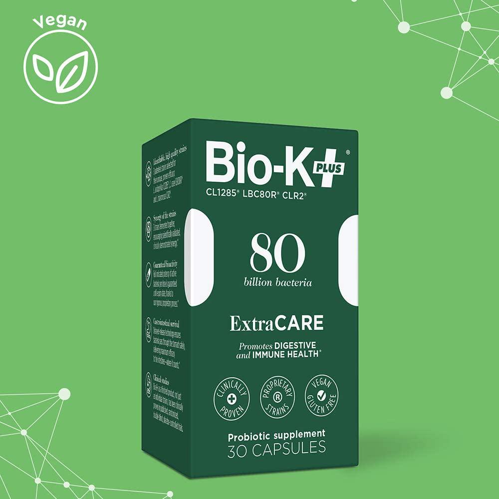 Bio-K+ Extra Care Probiotic Supplement Capsule for Women and Men. 80 Billion Bacteria at Expiry Date. Delayed Release Capsule, Vegan and Gluten Free. 30 Capsules/Box.