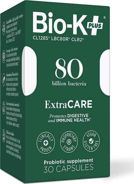 Bio-K+ Extra Care Probiotic Supplement Capsule for Women and Men. 80 Billion Bacteria at Expiry Date. Delayed Release Capsule, Vegan and Gluten Free. 30 Capsules/Box.