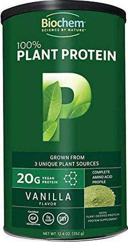 Biochem 100% Plant Protein - Vanilla - 12.4 oz - 20g Vegan Protein - Complete Amino Acid Profile - Keto-Friendly - Calcium - Iron - Non-GMO - Meal Replacement - No Added Sugar