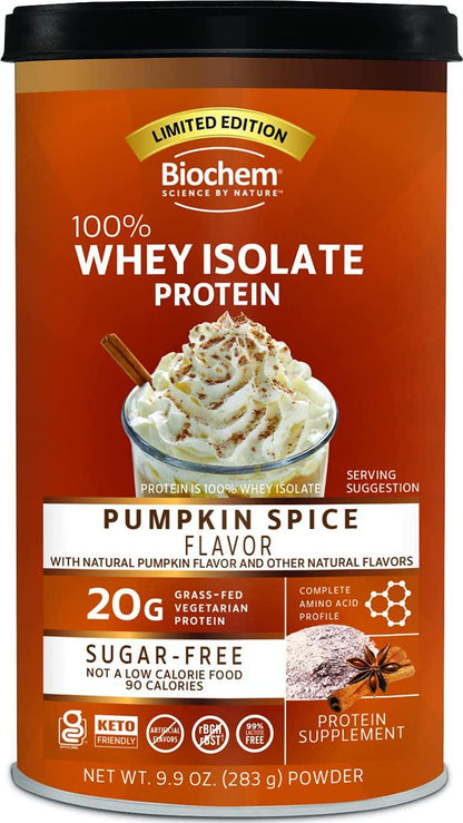 Biochem 100% Whey Isolate Protein - 11.8 oz - Sugar Free Vanilla - 20g Vegetarian Protein - Keto-Friendly - Amino Acids - Invigorating Taste - Easily Digestible (Sugar Free Pumpkin Spice)