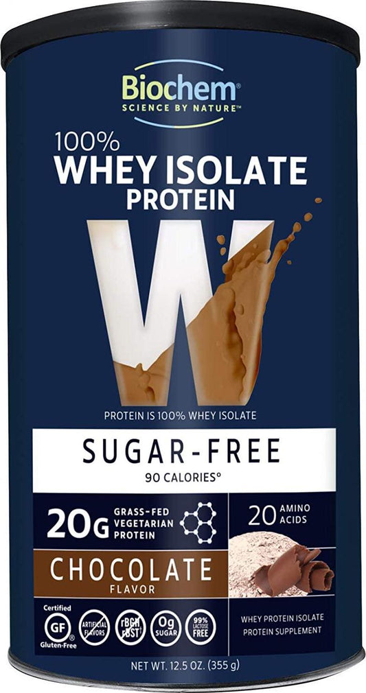 Biochem 100% Whey Isolate Protein - 12.5 oz - Sugar Free Chocolate - Keto-Friendly - 20g Vegetarian Protein - Amino Acids - Iron - Magnesium - Cocoa - Invigorating Taste