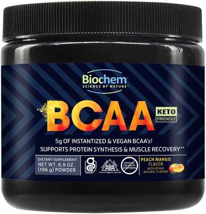 Biochem Vegan and Instantized BCAA Powder – Great Tasting Natural Peach Mango – 2:1:1 Ratio – Supports Protein Synthesis and Muscle Recovery – Pre, Intra and Post Workout – Nothing Artificial – 30 Servings