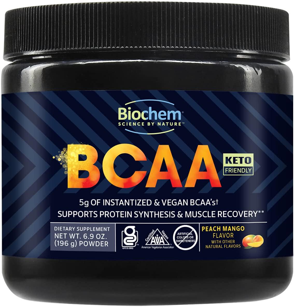 Biochem Vegan and Instantized BCAA Powder Great Tasting Natural Peach Mango 2:1:1 Ratio Supports Protein Synthesis and Muscle Recovery Pre, Intra and Post Workout Nothing Artificial 30 Servings