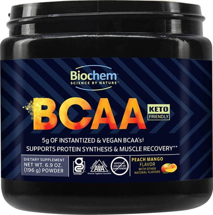 Biochem Vegan and Instantized BCAA Powder – Great Tasting Natural Peach Mango – 2:1:1 Ratio – Supports Protein Synthesis and Muscle Recovery – Pre, Intra and Post Workout – Nothing Artificial – 30 Servings