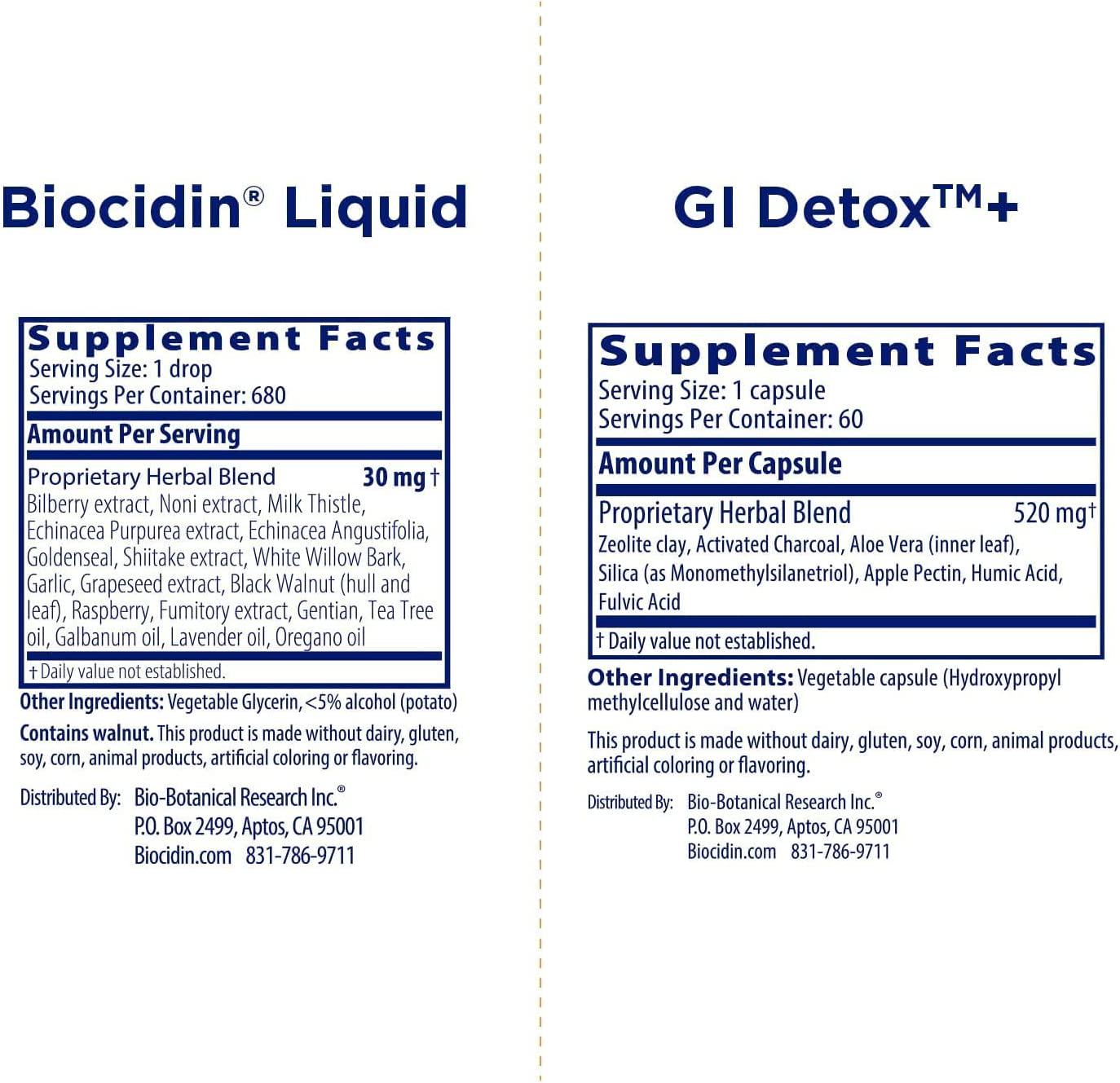 Biocidin Liquid Formula (1 oz) with GI Detox+ Gentle Binder (60 Capsules) - Two-Product Detox Bundle to Support GI Detox, Cleansing and Healthy Digestion - Assists in Toxin and Biofilm Removal