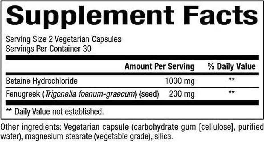 Bioclinic Naturals - Betaine HCL with Fenugreek 60 Veggie Capsules