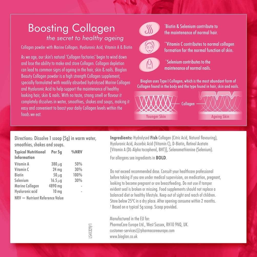 Bioglan Collagen | 5000mg Marine Collagen Powder | Helps support healthy looking SKIN, HAIR, NAILS | Biotin | Vitamin C | Selenium | Hyaluronic Acid | 151g