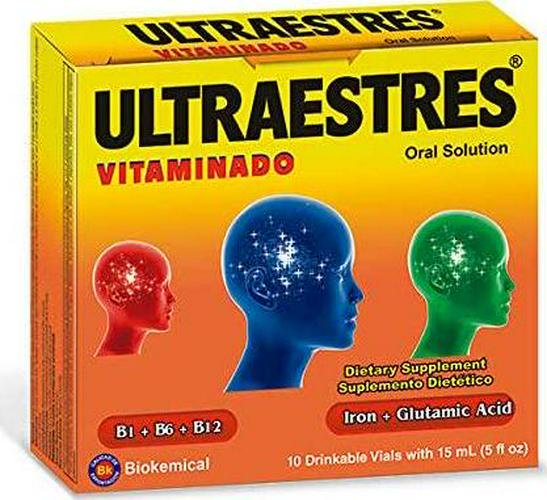 Biokemical Ultraestres Vitaminado Anti-Stress Dietary Supplement Vials with Vitamins B6, B1 and B12 Iron and Glutamic Acid Supplements Premium Cognitive Support 10 Vials Pack