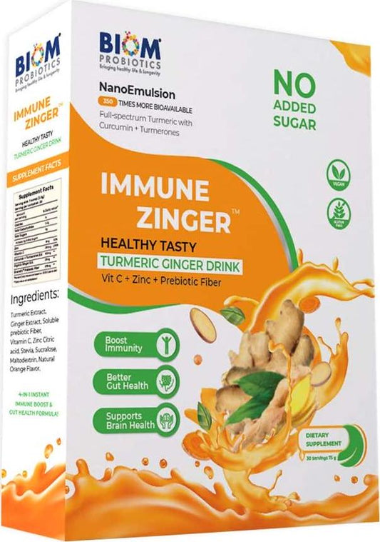 Biom Probiotics Immune Zinger with Bioavailable Turmeric -Ginger Extract in Water dispersible Form. Added Zinc, Vitamin C and Gut Health Prebiotics