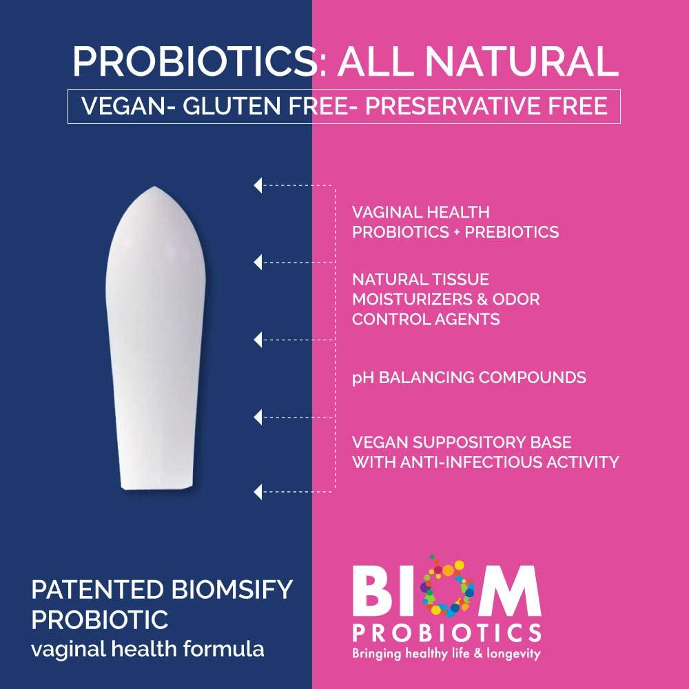 Biom Probiotics Probiotic Suppositories For Women Vegan Vaginal Moisturizer For Bacterial And Yeast Infection Feminine Vaginal Dryness, Lubrication and Vaginal Health - Paraben-Free (5 Count)