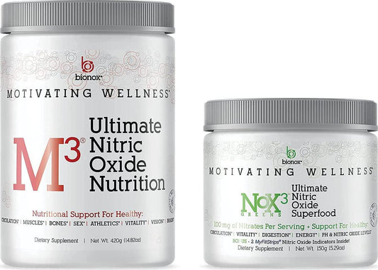 Bionox Nitric Oxide Super Bundle - M3 Arginine, Citrulline Plus Nox3 Green Superfood NO Booster, Maximum Cardiovascular Health
