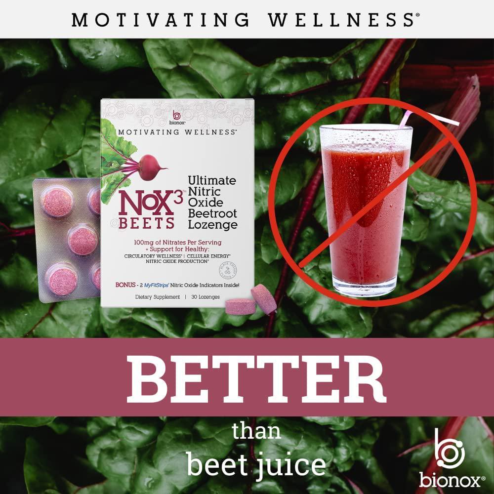 Bionox Nox3 Organic Beetroot with Nitric Oxide Test Strips, Blood Pressure Support, Delicious Dark Cherry Flavor, Beet Superfood, 30 Days