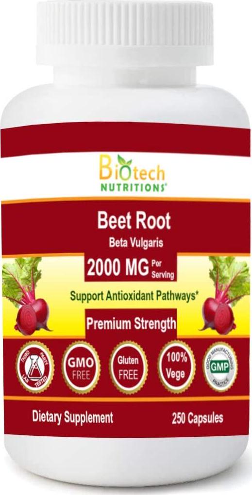 Biotech Nutritions Beet Root Beta Vulgaris 2000 mg Serving Vegetable Capsules NonGMO Gelatin Free Made in USA, Beet,vulgaris, 250 Count