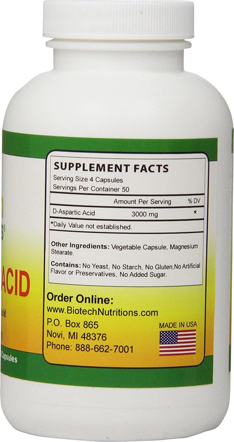 Biotech Nutritions D-Aspartic Acid Dietary Supplement, 3000 mg., 200 Count