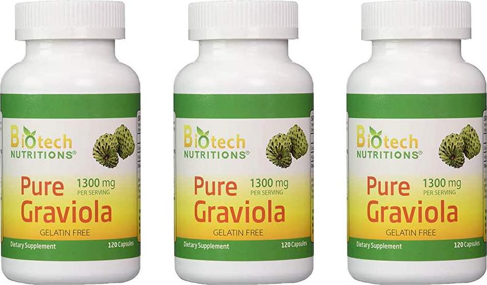 Biotech Nutritions - Graviola 100% Pure Graviola 1300mg Per Servings - 120 Capsules Per Bottle (Annona muricata) | 3-Pack