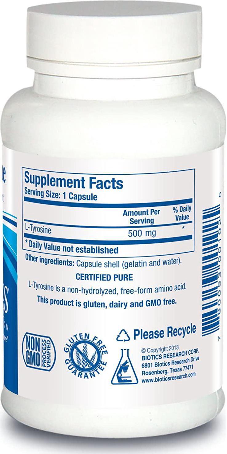 Biotics Research L-Tyrosine - 500 mg, Mood and Memory Support, Supports Overall Relaxation Response, Supports Thyroid Function. 100 Capsules