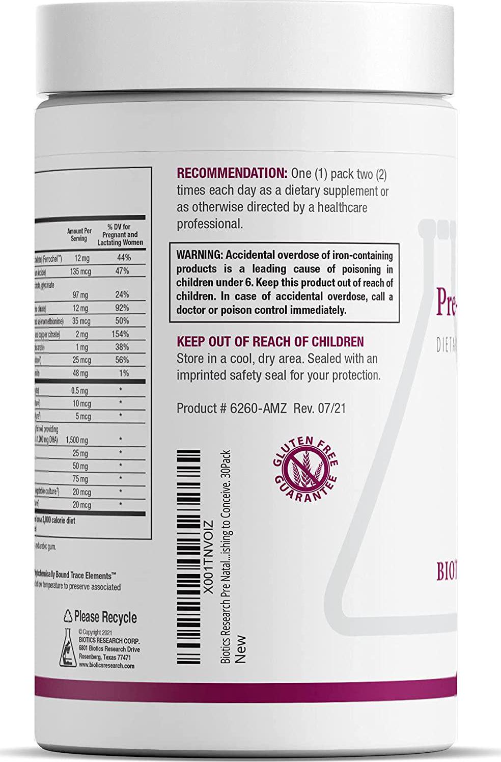 Biotics Research Pre Natal Packs Pre Natal Nutrition Support. Post Natal Formula. Includes Omega3s. Iodine and Folate. Nutritional Needs for Pregnant, Lactating and Women Wishing to Conceive. 30Pack