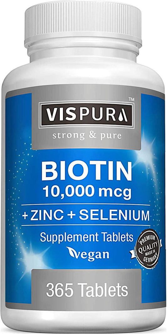 Biotin 10000 mcg Vitamin B7 + Zinc + Selenium, Pure, Vegan and Extra Strong, Best Supplement for Hair Growth, Glowing Skin, Strong Nails*, 365 Tablets for 12 Months, Natural Without Additives