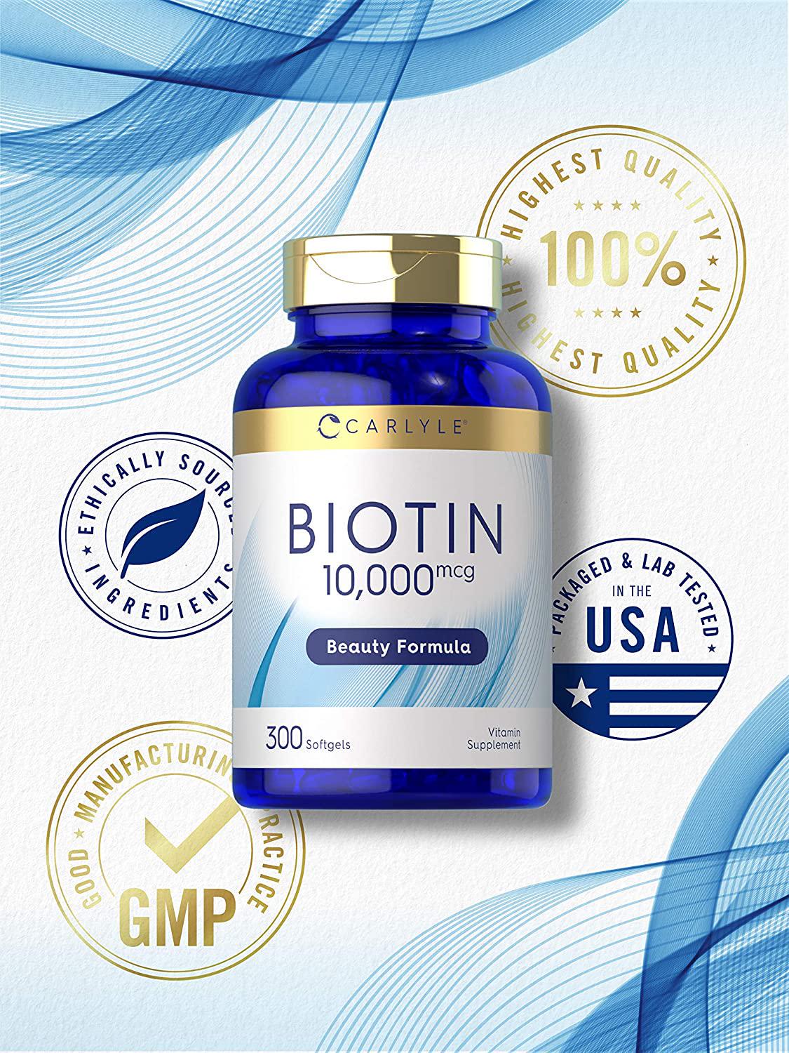 Biotin 10000mcg | 300 Softgels | Max Strength | Non-GMO, Gluten Free Supplement | by Carlyle