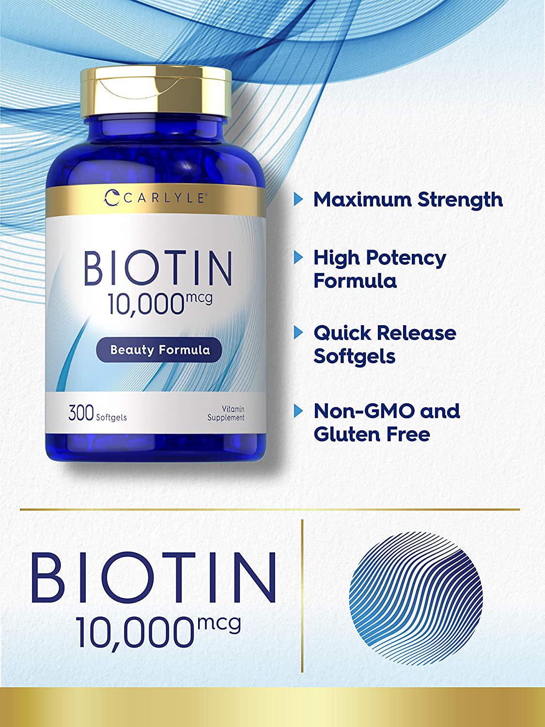 Biotin 10000mcg | 300 Softgels | Max Strength | Non-GMO, Gluten Free Supplement | by Carlyle