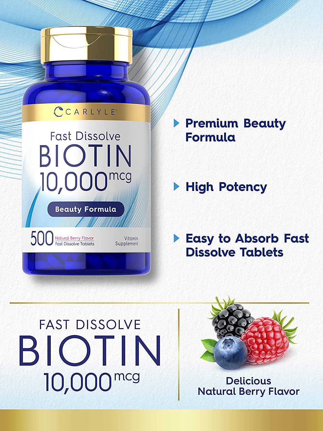 Biotin 10000mcg | 500 Fast Dissolve Tablets | Max Strength | Vegetarian, Non-GMO, Gluten Free Supplement | by Carlyle