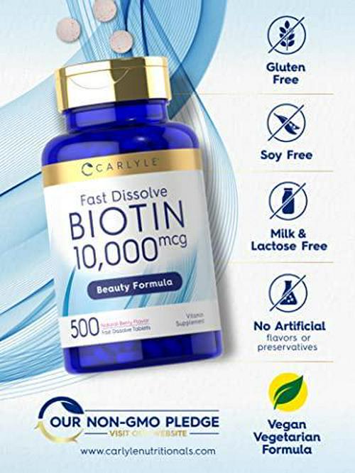 Biotin 10000mcg | 500 Fast Dissolve Tablets | Max Strength | Vegetarian, Non-GMO, Gluten Free Supplement | by Carlyle