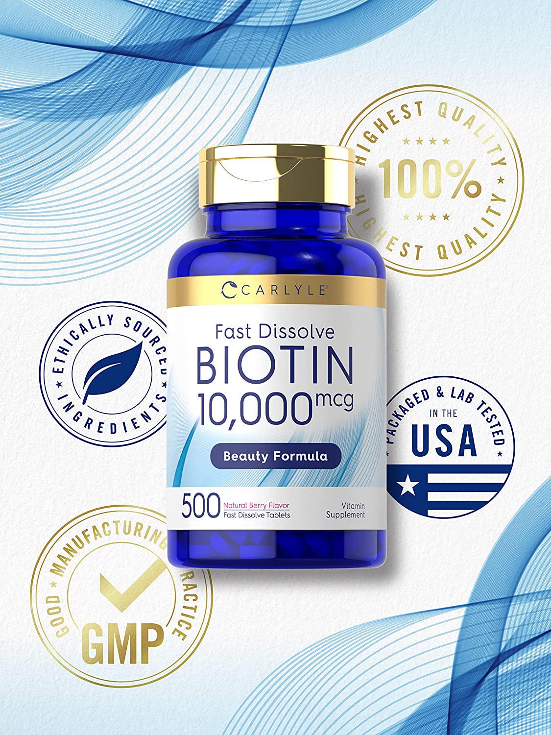 Biotin 10000mcg | 500 Fast Dissolve Tablets | Max Strength | Vegetarian, Non-GMO, Gluten Free Supplement | by Carlyle