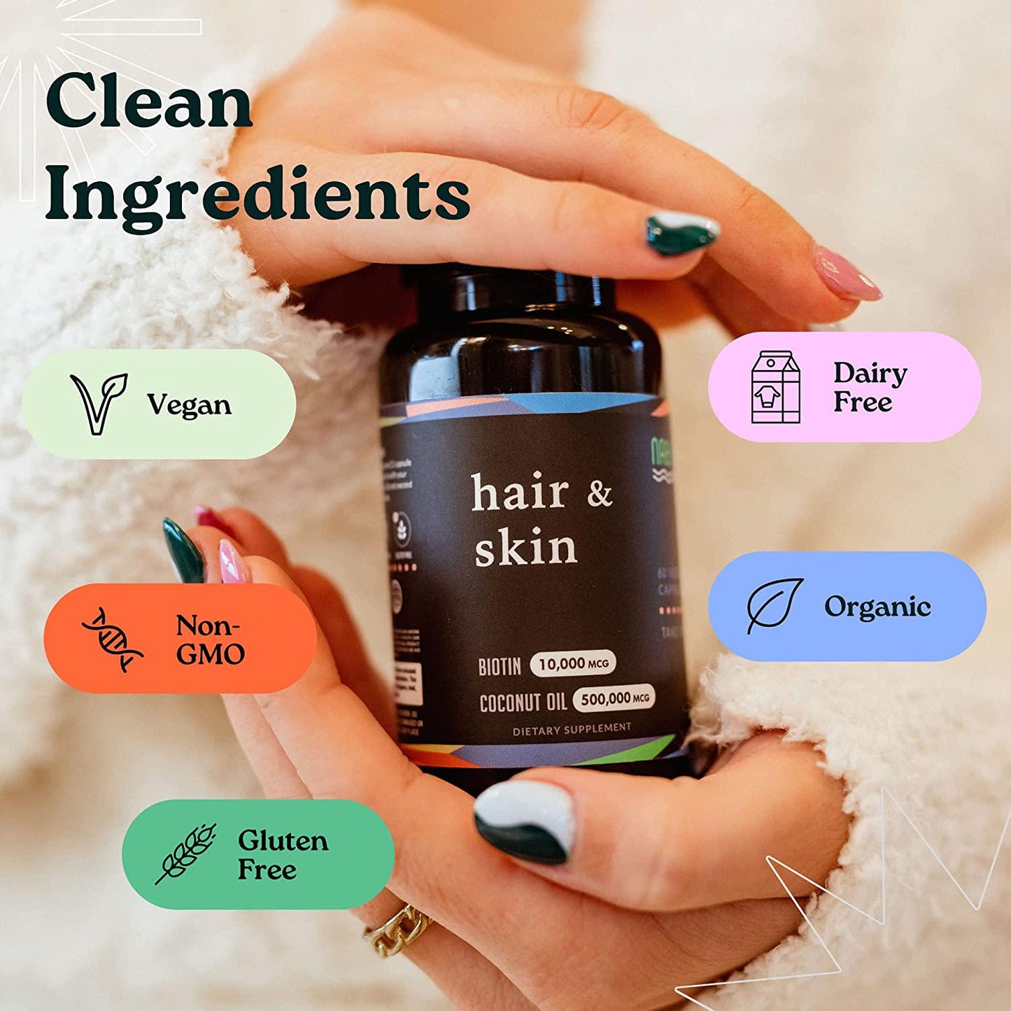 Biotin 10000mcg | Organic Coconut Oil | Hair Skin and Nails Vitamins for Women and Men | Hair Growth Thickening Strength | Veggie Capsules | 2 Month Supply