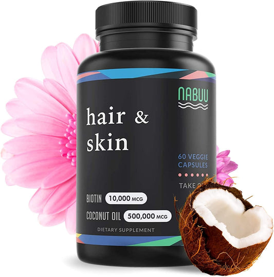 Biotin 10000mcg | Organic Coconut Oil | Hair Skin and Nails Vitamins for Women and Men | Hair Growth Thickening Strength | Veggie Capsules | 2 Month Supply