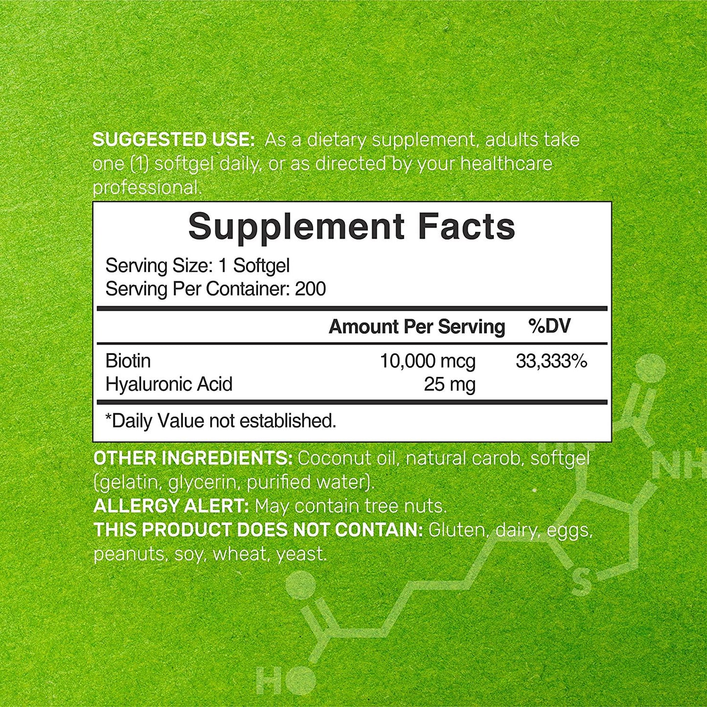 Biotin 10000mcg Plus Hyaluronic Acid with Coconut Oil, 200 Softgels, Bioavailable Biotin (Vitamin B7) Supplement, Promote Healthy Hair, Skin and Nails for Women and Men, Gluten Free, Non-GMO